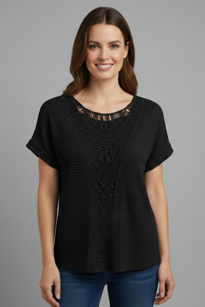 Women’s T-Shirt with Lace Inserts and Round Neckline