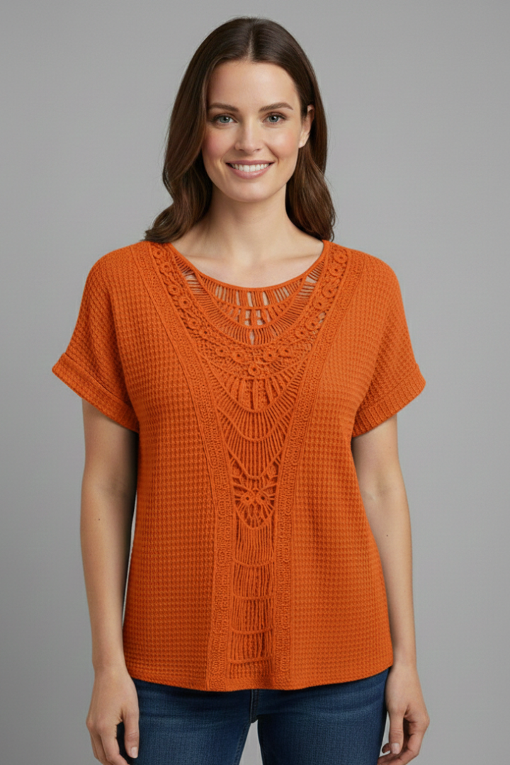 Women’s T-Shirt with Lace Inserts and Round Neckline