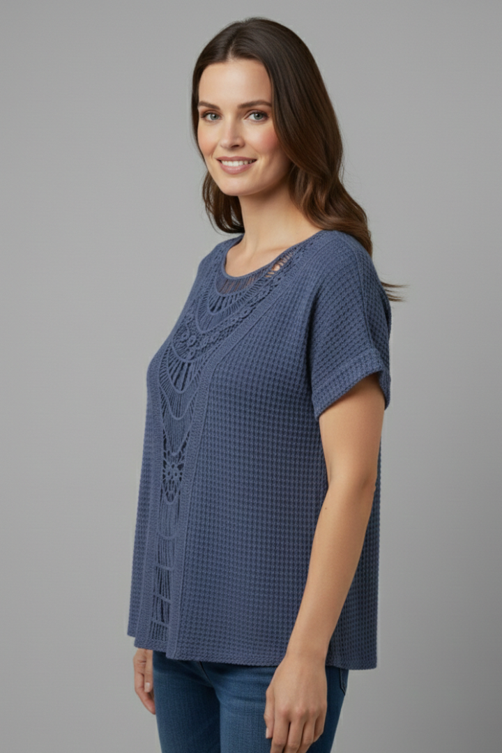 Women’s T-Shirt with Lace Inserts and Round Neckline