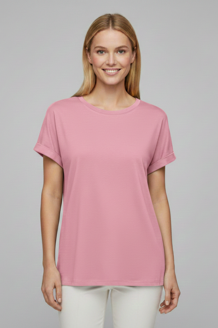 Women’s T-Shirt with Round Neckline and Cuffed Sleeves