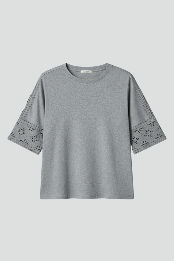 Women’s T-Shirt with Round Neckline and Lace Trim