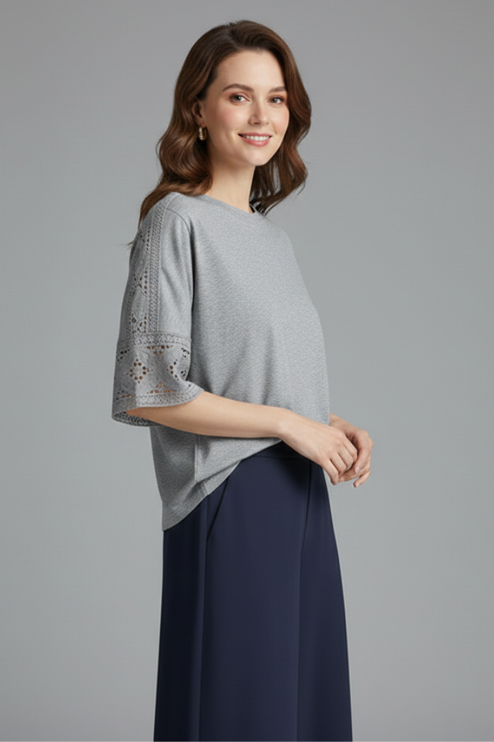 Women’s T-Shirt with Round Neckline and Lace Trim