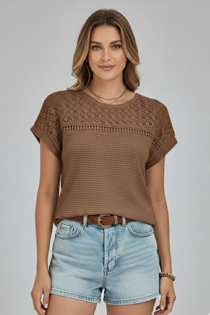 Women’s T-Shirt with Round Neckline and Openwork Surface