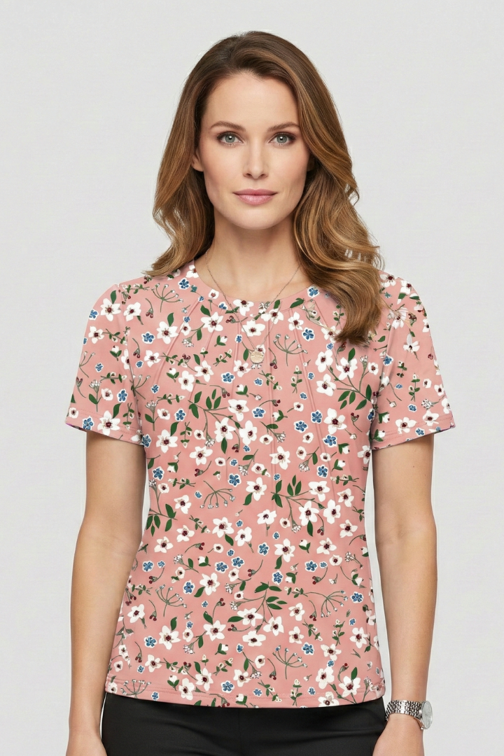 Women’s T-Shirt with Round Neckline and Pleated Surface