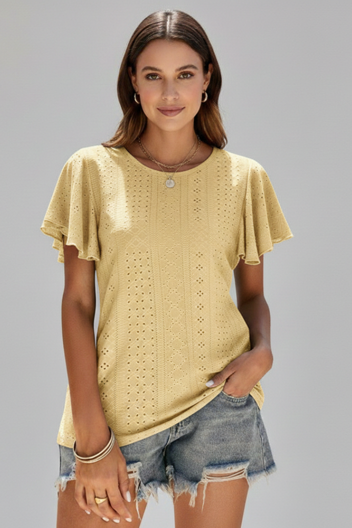 Women’s T-Shirt with Round Neckline and Ruffle Sleeves