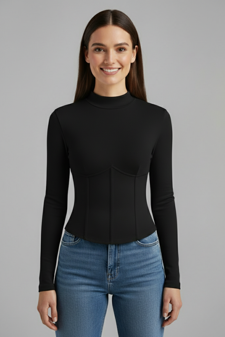 Women’s T-Shirt with Stand Collar and Long Sleeves