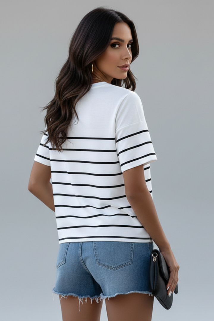 Women’s T-Shirt with Stripe Pattern and Shoulder Buttons