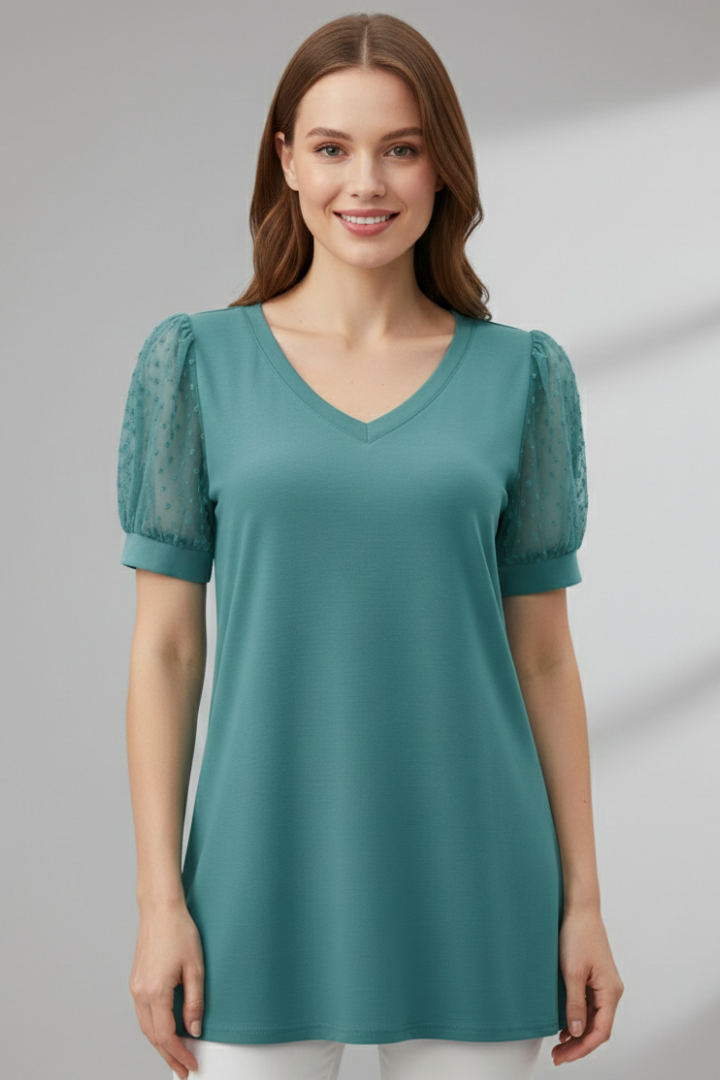 Women’s T-Shirt with V Neck and Puff Sleeves