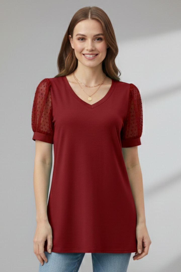 Women’s T-Shirt with V Neck and Puff Sleeves