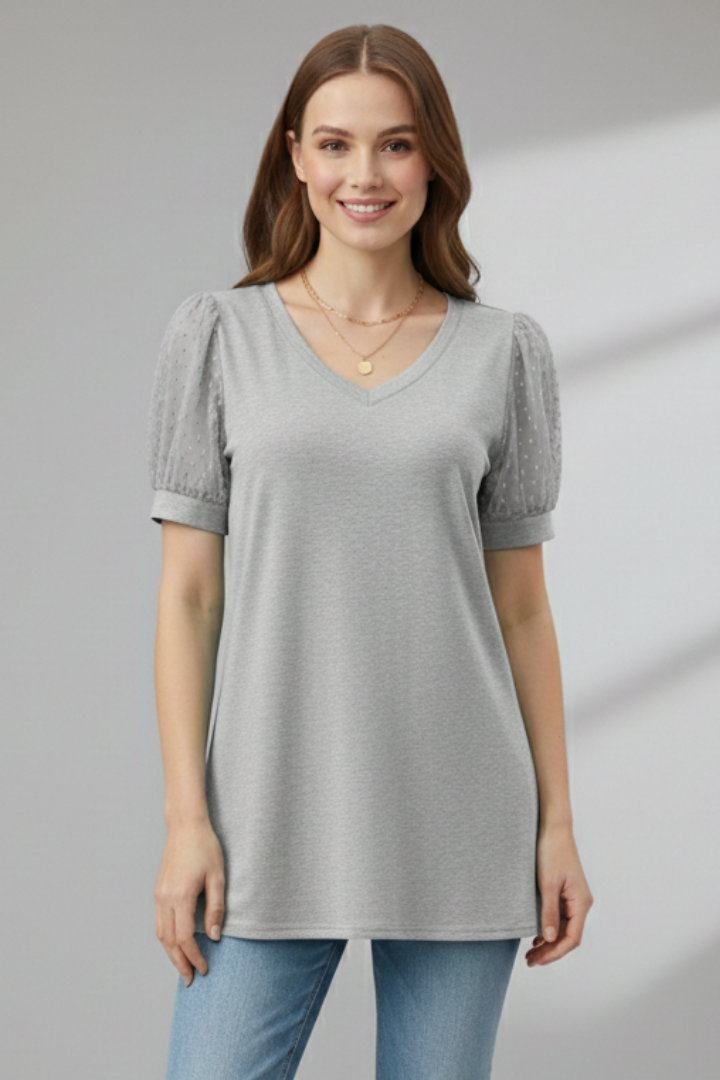 Women’s T-Shirt with V Neck and Puff Sleeves