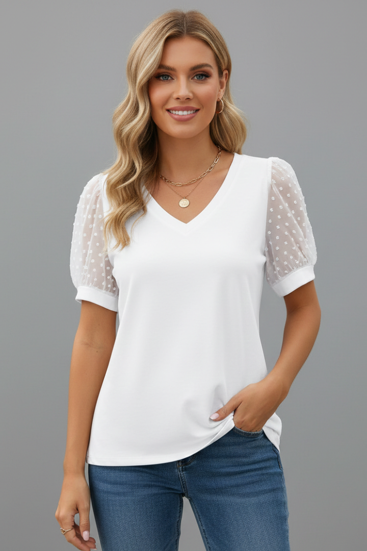 Women’s T-Shirt with V Neck and Puff Sleeves