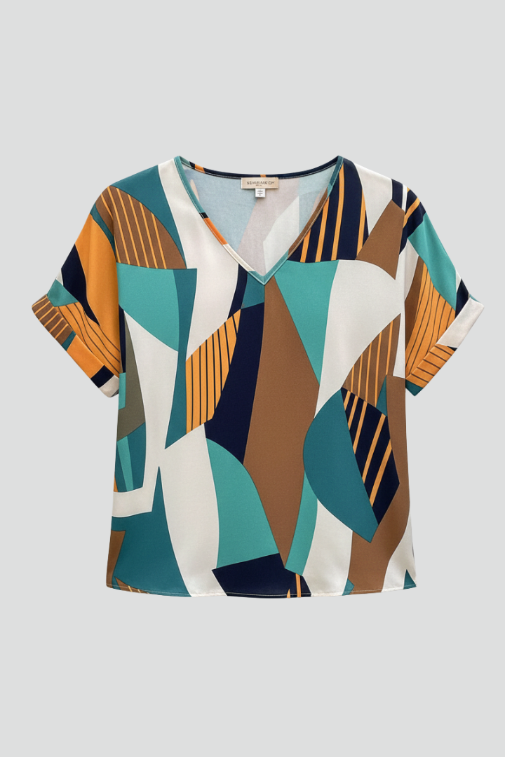 Women’s T-Shirt with V Neckline and Geometric Surface
