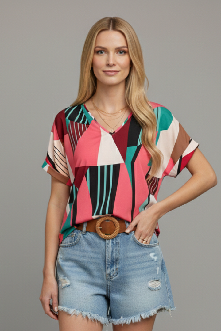 Women’s T-Shirt with V Neckline and Geometric Surface