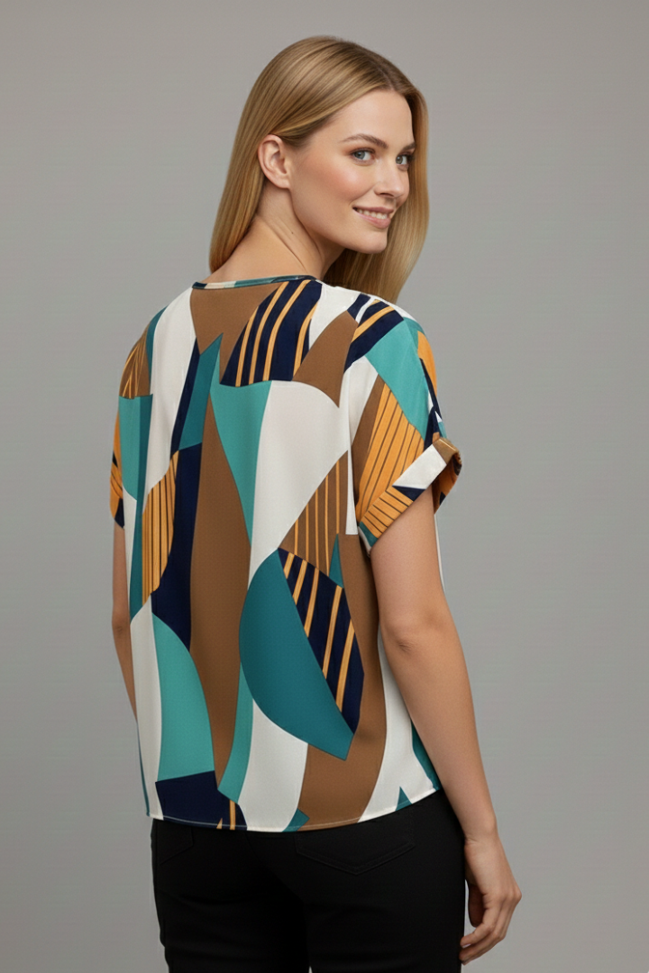 Women’s T-Shirt with V Neckline and Geometric Surface