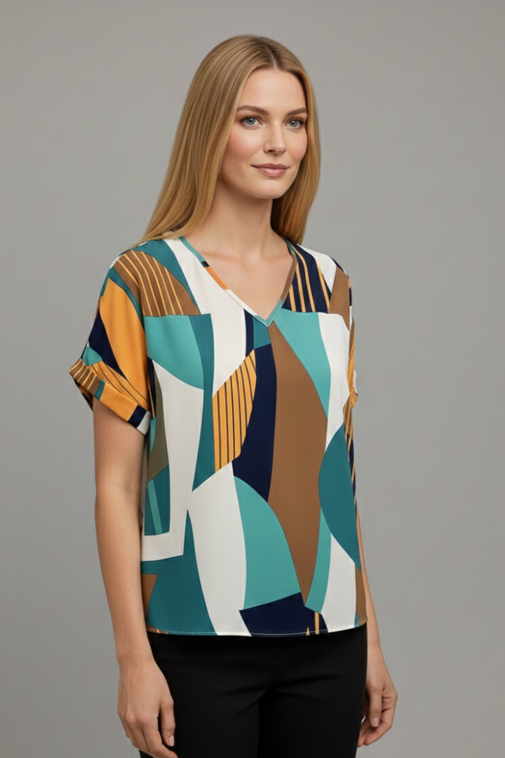 Women’s T-Shirt with V Neckline and Geometric Surface