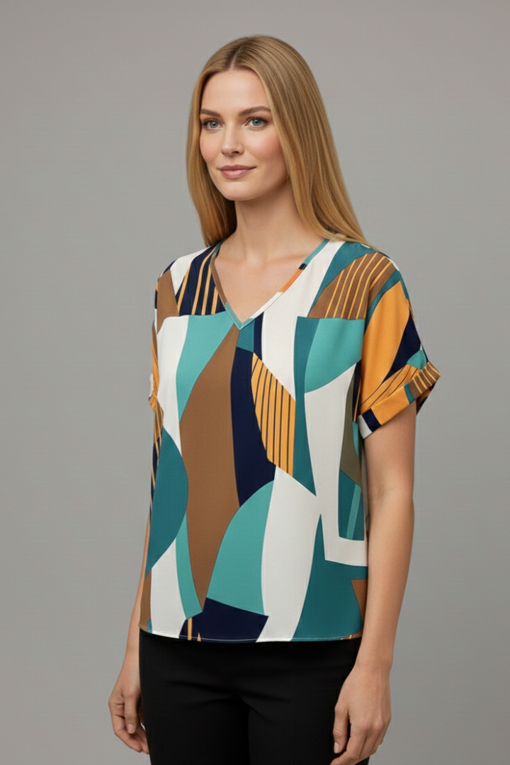 Women’s T-Shirt with V Neckline and Geometric Surface