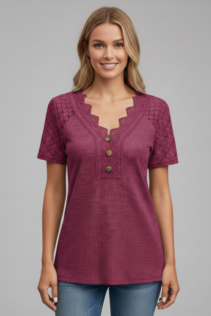 Women’s T-Shirt with V Neckline and Lace Panels