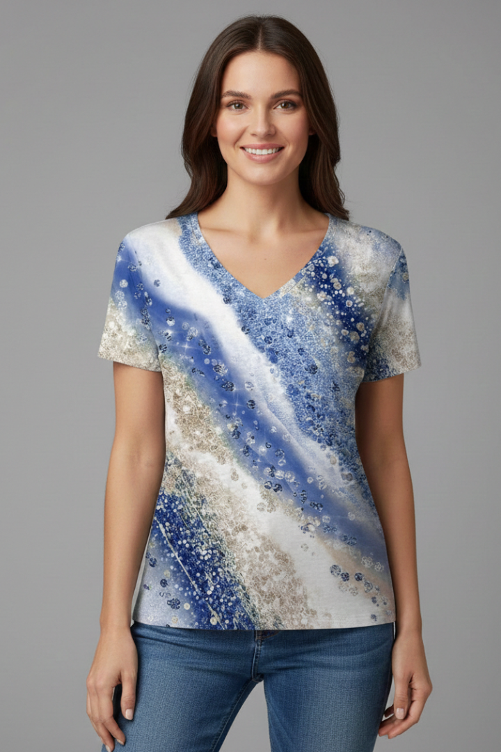 Women’s T-Shirt with V Neckline and Printed Surface