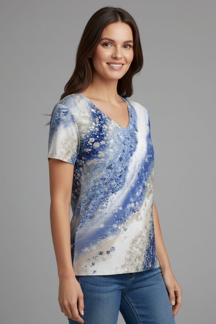 Women’s T-Shirt with V Neckline and Printed Surface