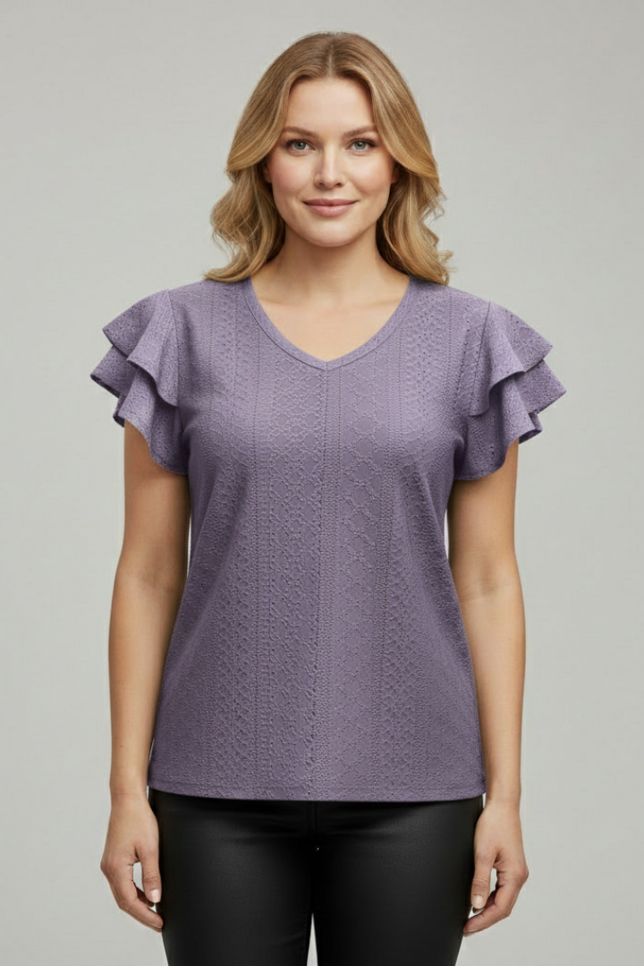 Women’s T-Shirt with V Neckline and Ruffle Sleeves