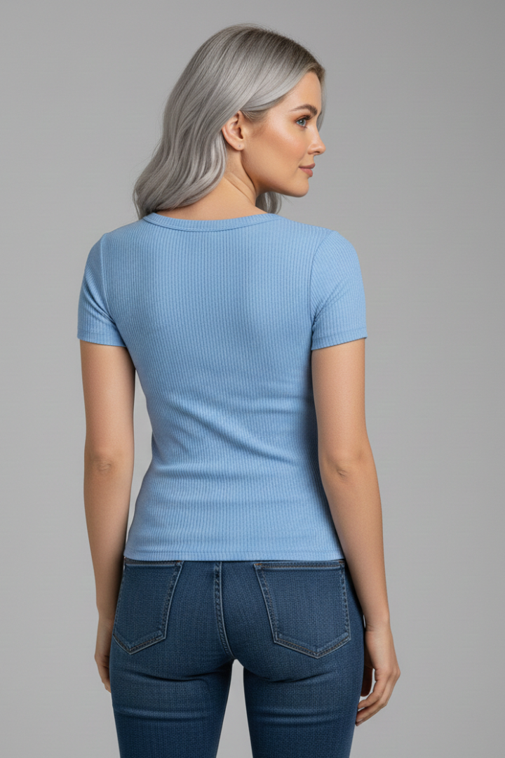 Women’s T-shirt with Round Neckline and Button Detail