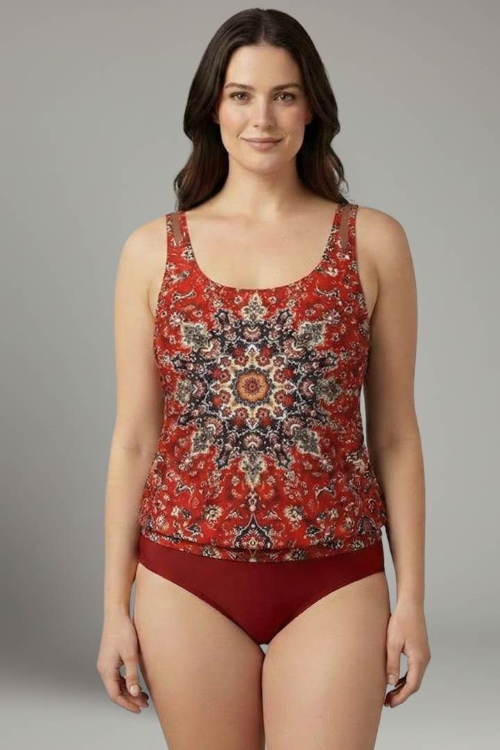 Women’s Tankini Set with Printed Top and High Waist Bottom