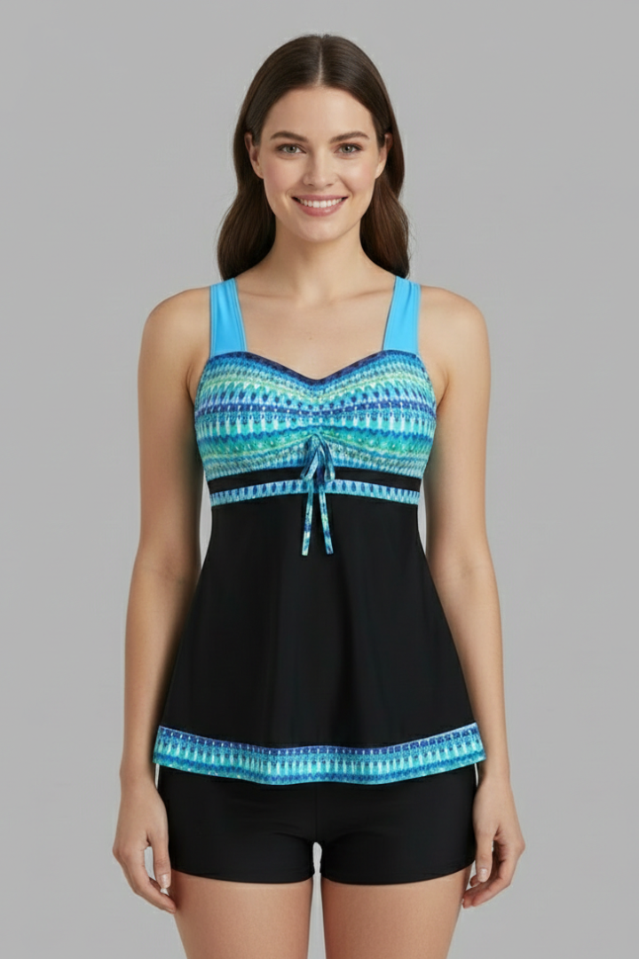 Women’s Tankini Swimsuit with Tie Top and Ruched Skirt