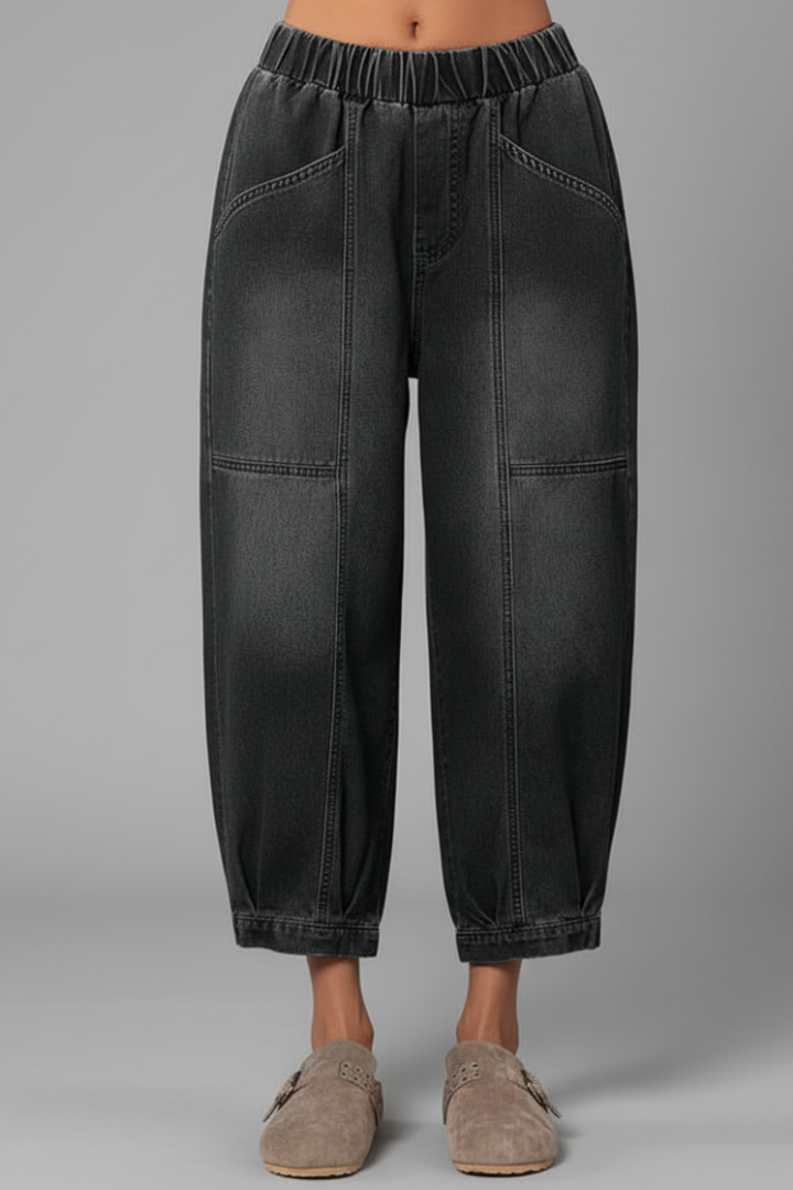 Women’s Tapered Jeans Pants with Elastic Waist and Pockets