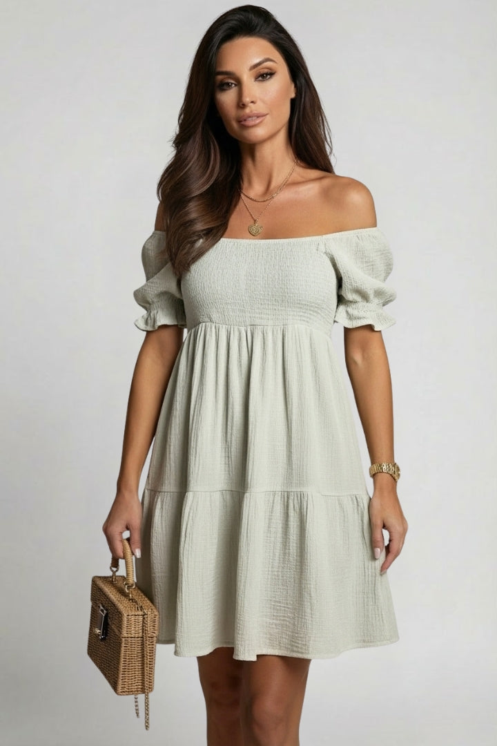 Women’s Tiered Off Shoulder Dress with Long Gathered Sleeves