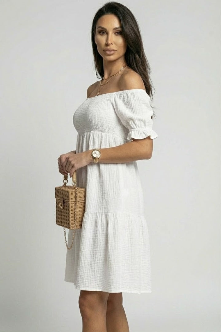 Women’s Tiered Off Shoulder Dress with Long Gathered Sleeves