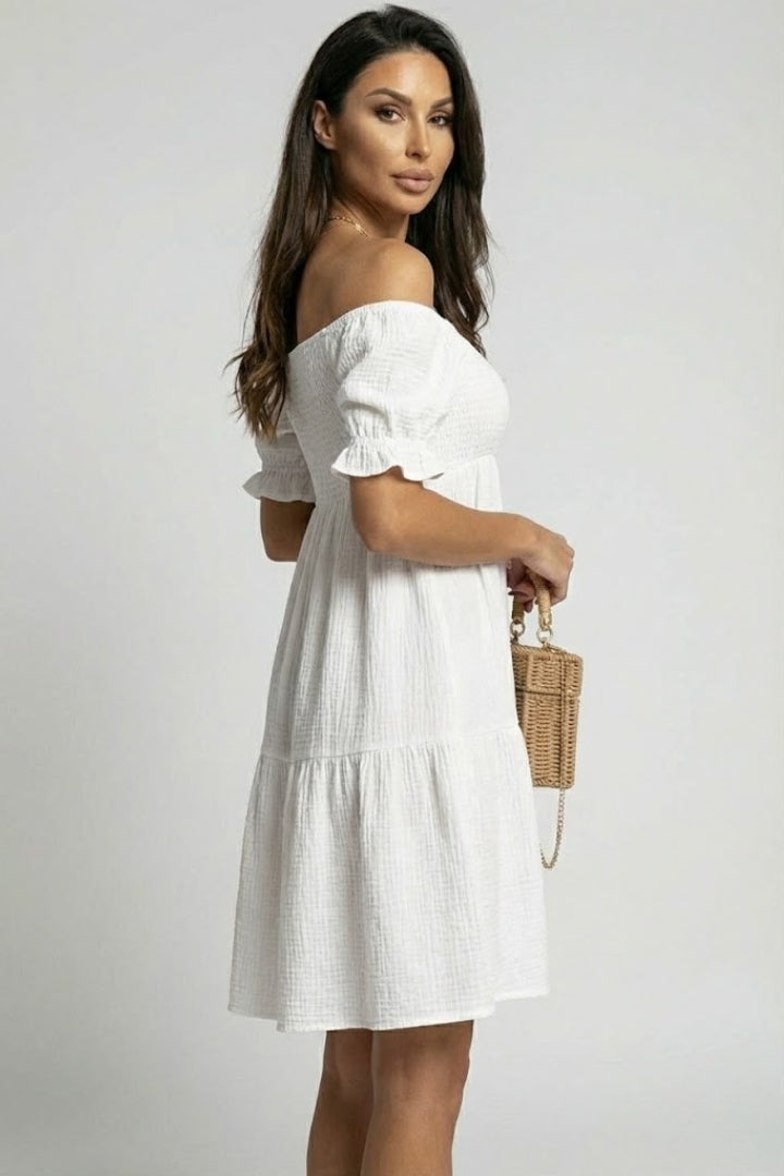 Women’s Tiered Off Shoulder Dress with Long Gathered Sleeves