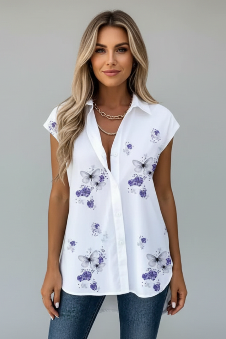Women’s Top with V Neckline and Printed Surface