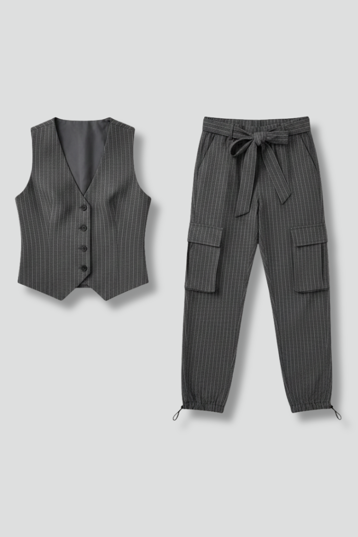 Women’s Trouser Set with Button Vest and Elastic Waist