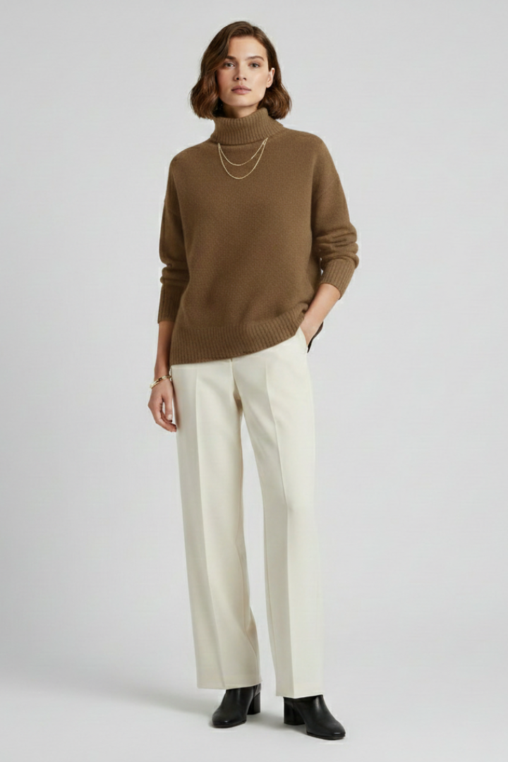 Women’s Turtleneck Sweater with Ribbed Texture and Long Sleeves