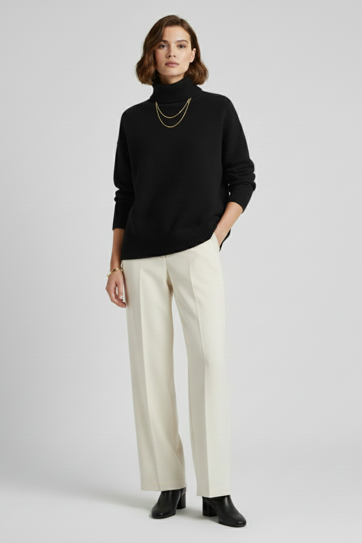 Women’s Turtleneck Sweater with Ribbed Texture and Long Sleeves