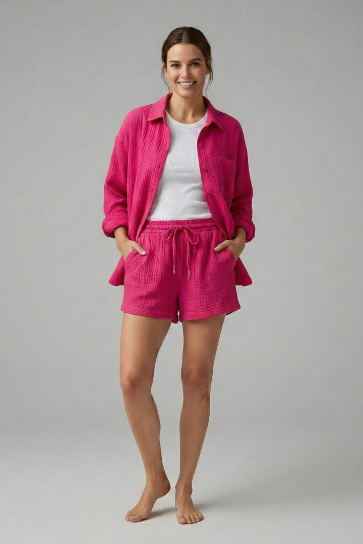 Women’s Two-Piece Set with Button Shirt and Drawstring Shorts