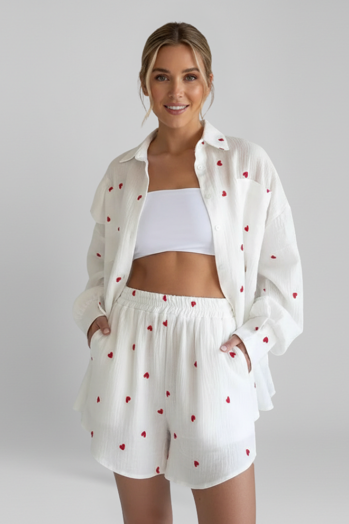 Women’s Two-Piece Set with Button Shirt and Ruffled Shorts