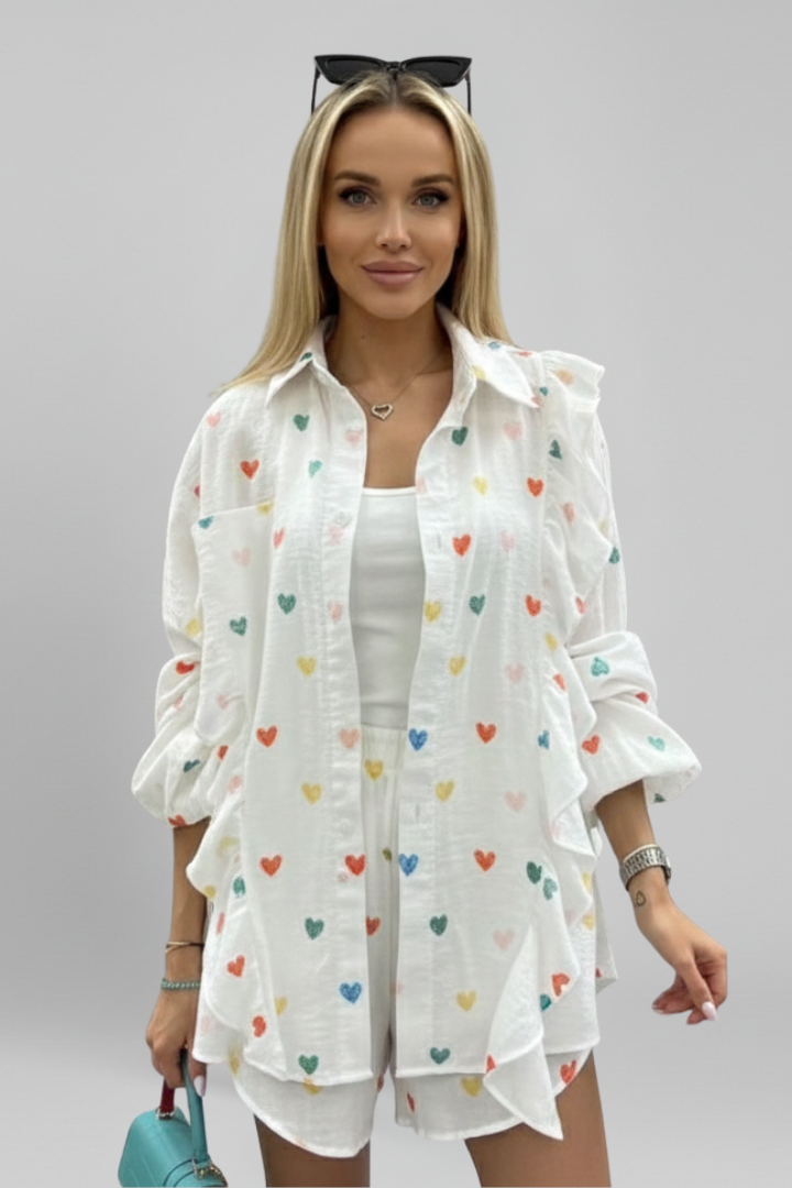 Women’s Two-Piece Set with Button Shirt and Ruffled Shorts