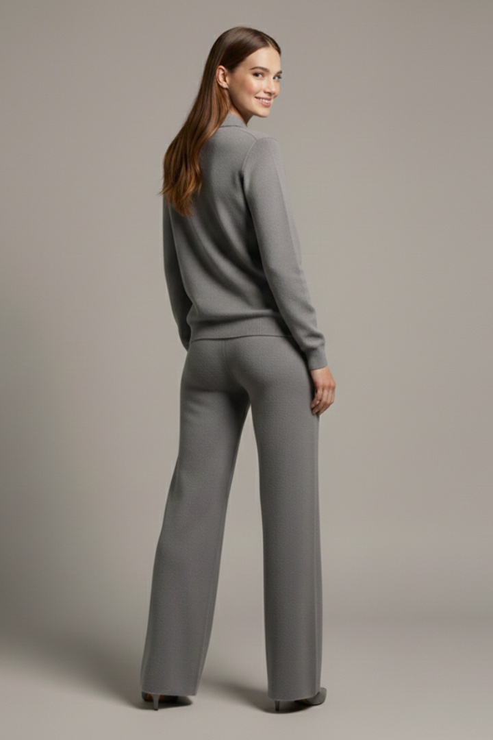 Women’s Two-Piece Set with Polo Collar Top and Wide-Leg Pants