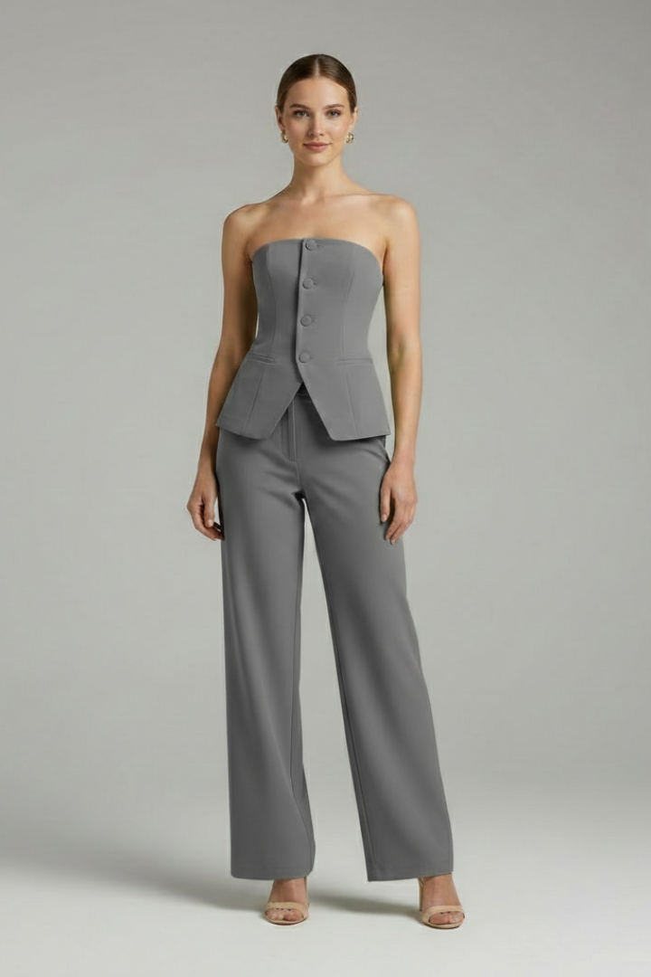 Women’s Two-Piece Set with Strapless Top and Wide-Leg Trousers