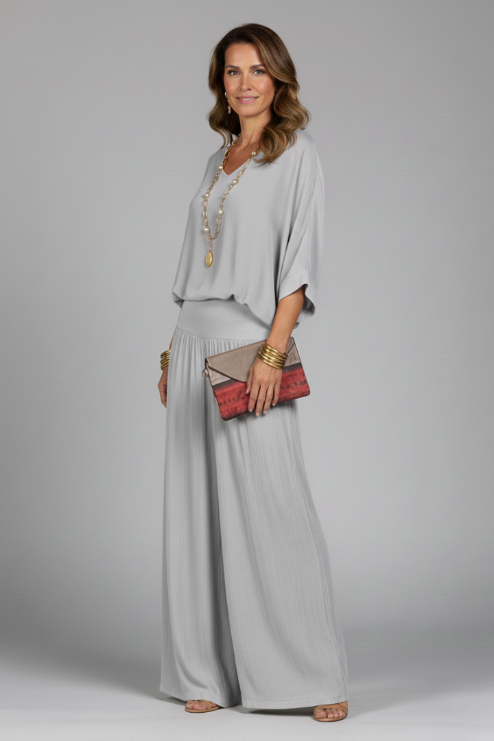 Women’s Two-Piece Set with Top and Wide-Leg Chiffon Trousers