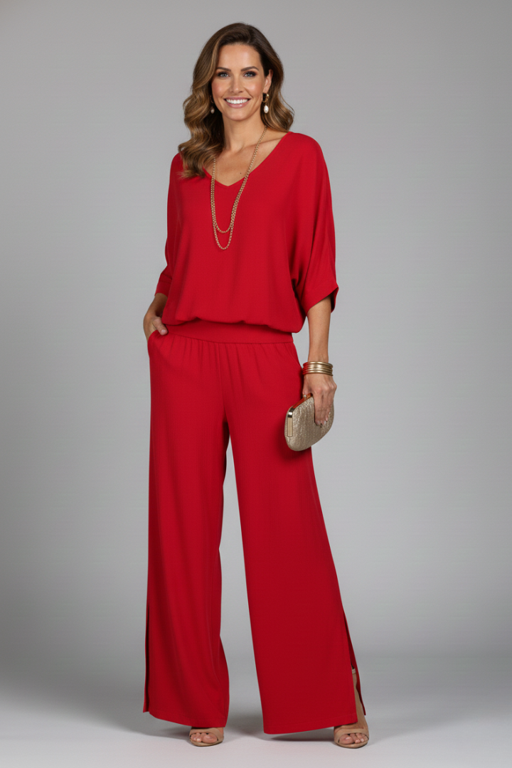 Women’s Two-Piece Set with Top and Wide-Leg Chiffon Trousers