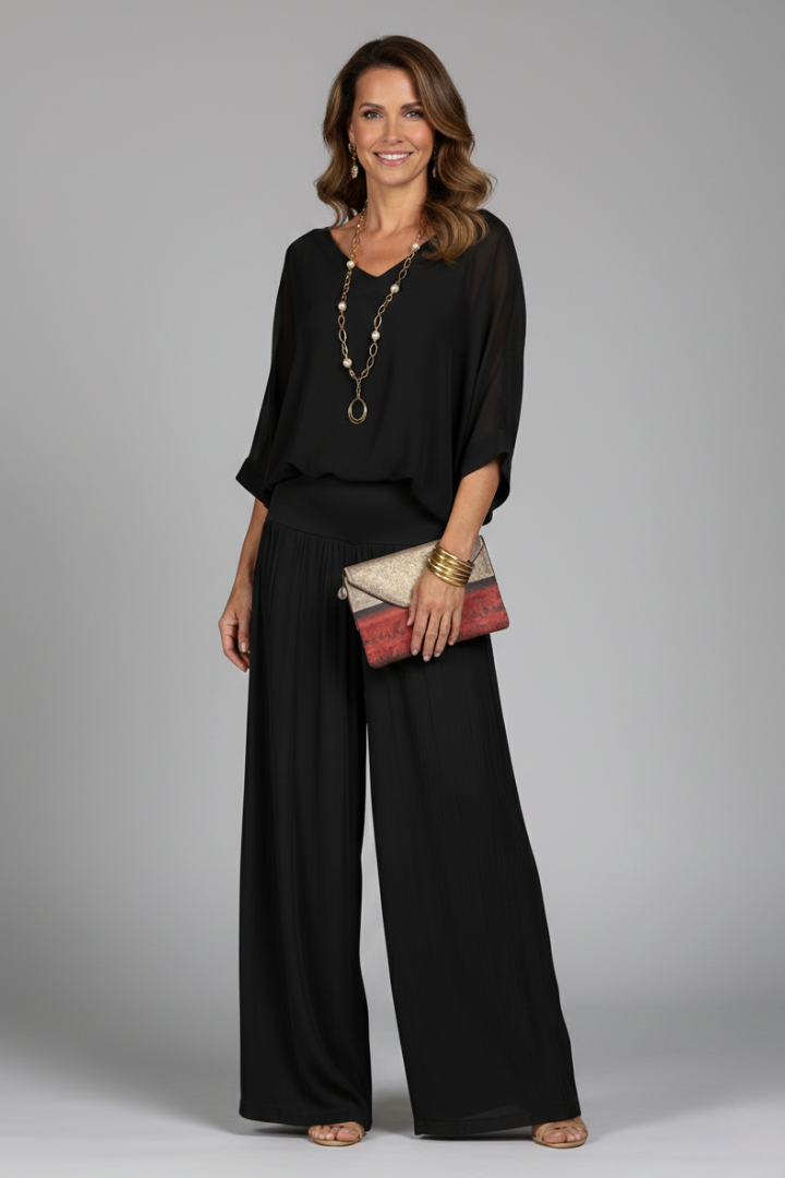 Women’s Two-Piece Set with Top and Wide-Leg Chiffon Trousers