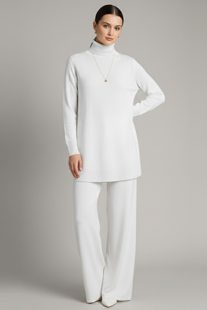 Women’s Two-Piece Set with Turtleneck Top and Wide-Leg Trousers