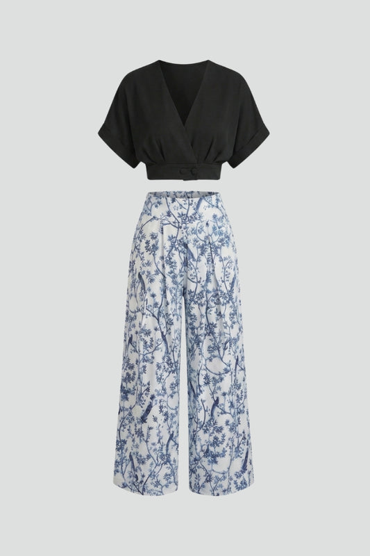 Women’s Two-Piece Set with V-Neck Top and Wide-Leg Trousers