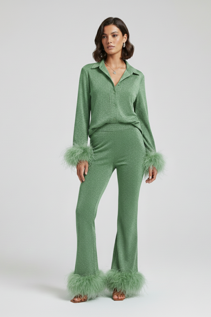 Women’s Two Piece Set with Button Shirt and Feather Trim