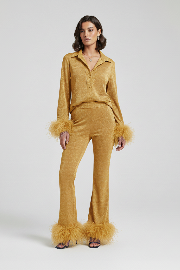 Women’s Two Piece Set with Button Shirt and Feather Trim