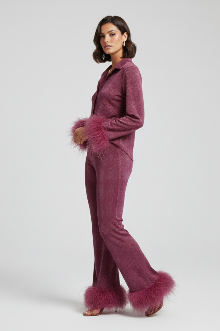 Women’s Two Piece Set with Button Shirt and Feather Trim