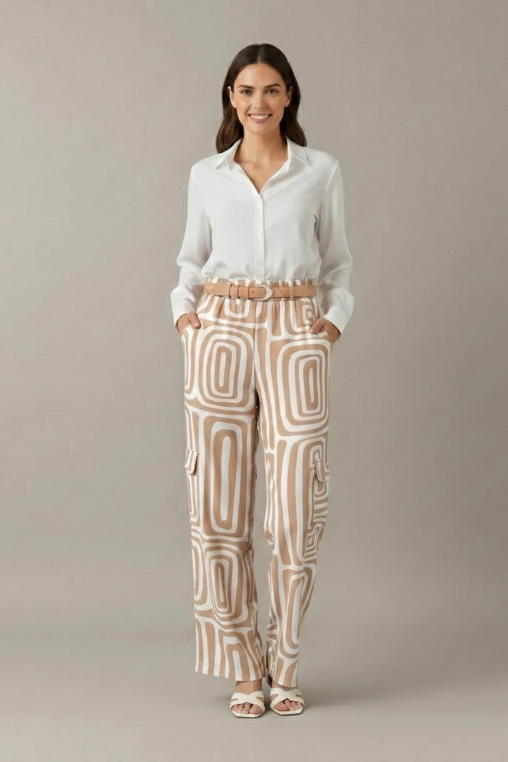 Women’s Two Piece Set with Collared Blouse and Printed Trousers