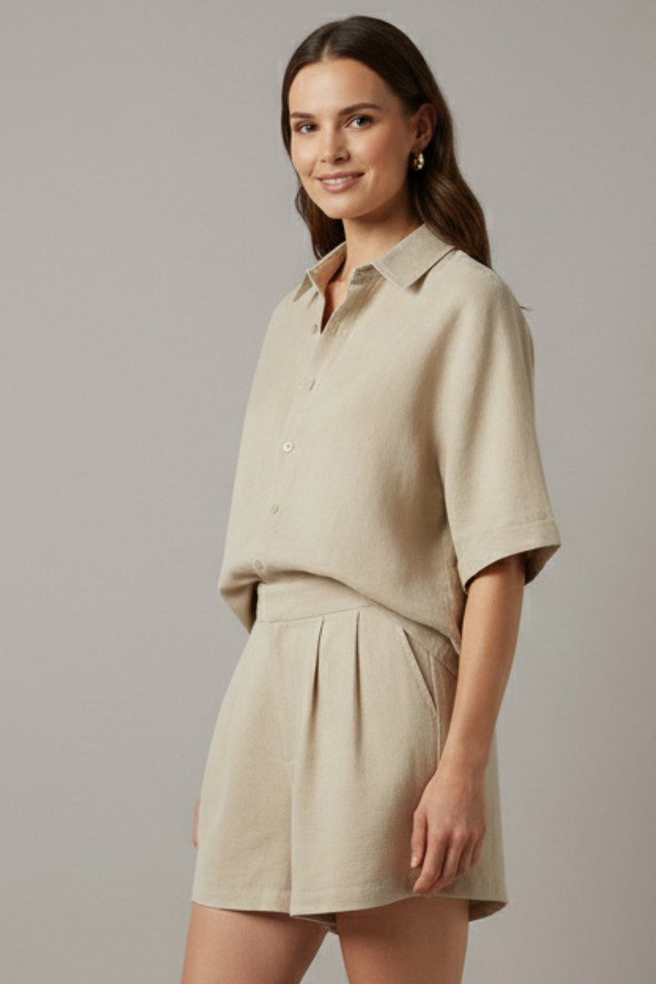 Women’s Two Piece Set with Collared Shirt and Shorts